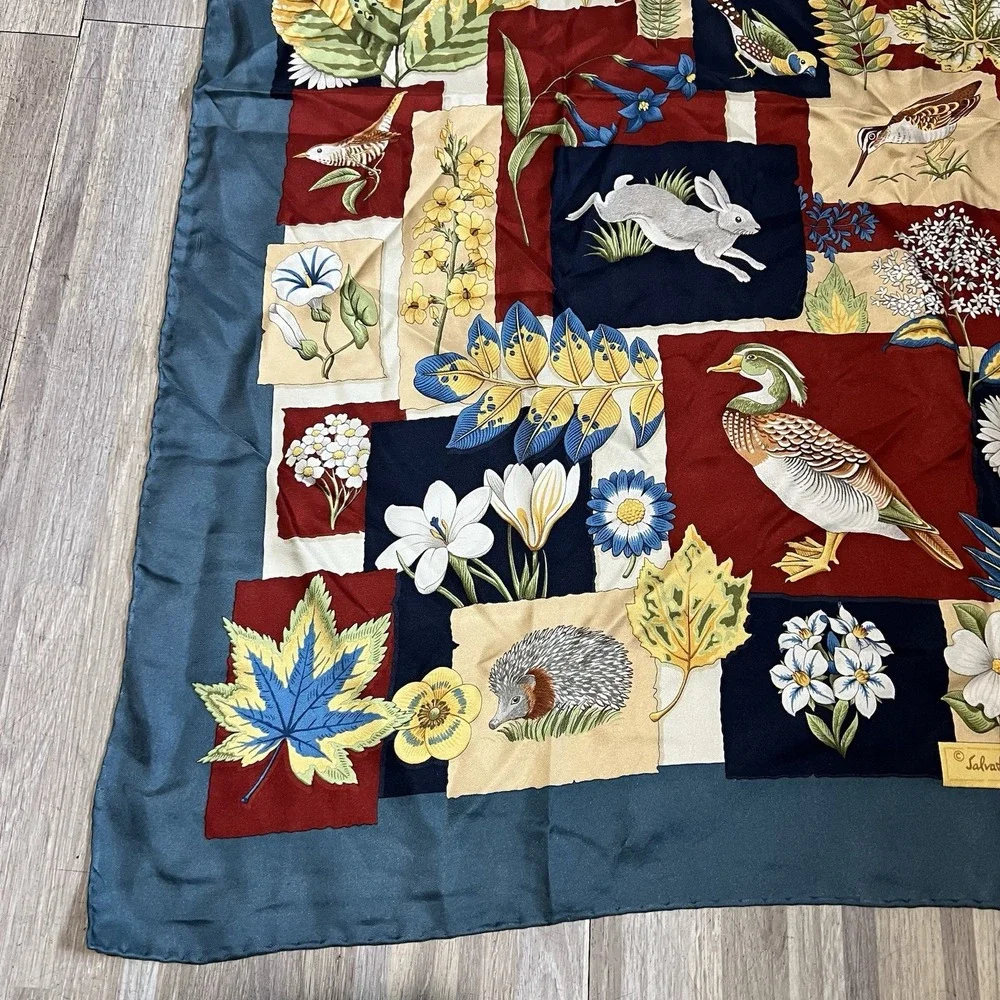 Vintage Salvatore Ferragamo Silk Italy Duck Fox Nature Birds Squirrel